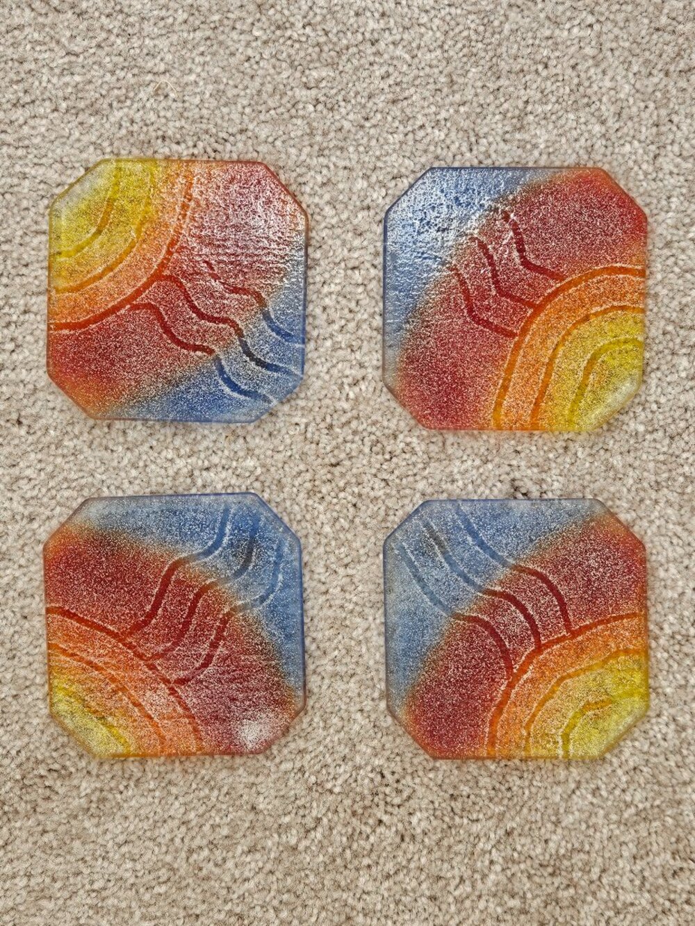 Art Glass Coasters Rainbow Pattern of Yellow Orange Red Blue - Set of 4